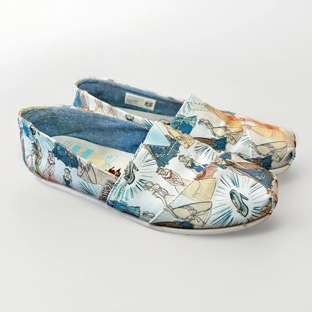 Disney X TOMS Girls Blue Cinderella Printed‎ Canvas Flats 5 LIMITED EDITION